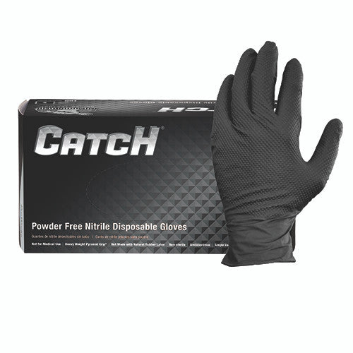 CATCH Disposable Nitrile Industrial Gloves, Powder Free, Raised Pyramid Grip Texture, Black, 9 mil, Extra-Large, 100/bx, 10 bxs/cs