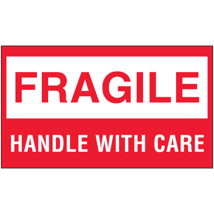 3 x 5" - "Fragile - Handle With Care" (Fluorescent Red) Labels, 500/rl
