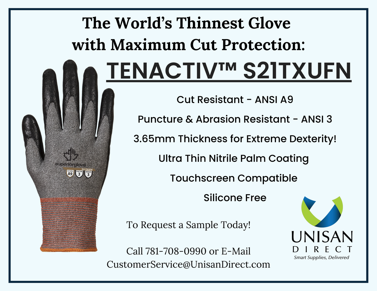 TENACTIV 21 gauge Blended HPPE Glove, Ultra-Light Foam Nitrile Palm, Silicone Free ANSI A9 Cut, Per Pair