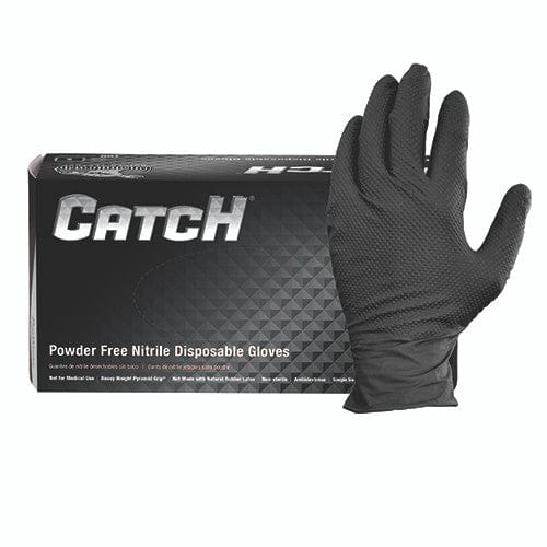 CATCH Disposable Nitrile Industrial Gloves, Powder Free, Raised Pyramid Grip Texture, Black, 9 mil, Extra-Large, 100/bx, 10 bxs/cs