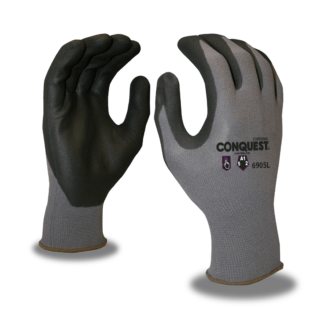 Conquest 15-Gauge Black Gloves, Machine Knit, Gray Nylon/Spandex Shell, Micro-Foam Nitrile/PU Palm Coating, Large, dozen