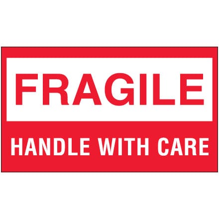 3 x 5" - "Fragile - Handle With Care" (Fluorescent Red) Labels, 500/rl