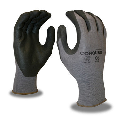 Conquest 15-Gauge Black Gloves, Machine Knit, Gray Nylon/Spandex Shell, Micro-Foam Nitrile/PU Palm Coating, Medium, dozen