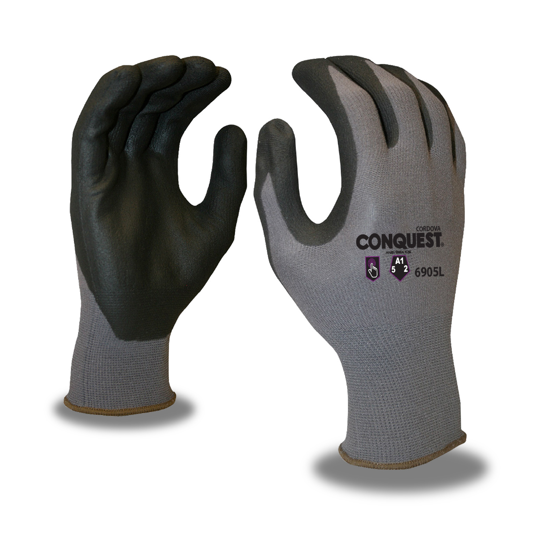 Conquest 15-Gauge Black Gloves, Machine Knit, Gray Nylon/Spandex Shell, Micro-Foam Nitrile/PU Palm Coating, Large, dozen