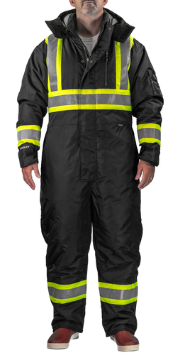 Heat Retention Coveralls - Zipper Fly Front - Elasticized Rear Waist - Hook & Loop Take-Up Straps - Detachable Insulated Hood - Side Leg Zippers - Cuff Guards - Two-Tone Tape -Class 1 - Black